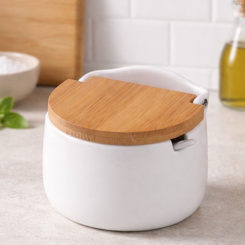 🛍️Saleiro De Mesa Em Cerâmica Tampa De Madeira Bianco Lyor